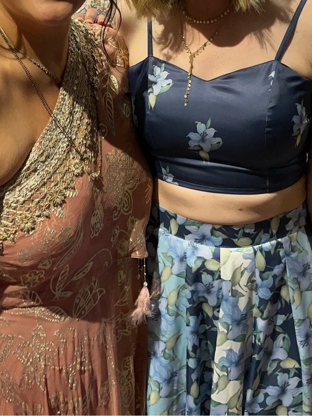 Navy Blue Floral Satin Crop Top and Matching Skirt Lehenga